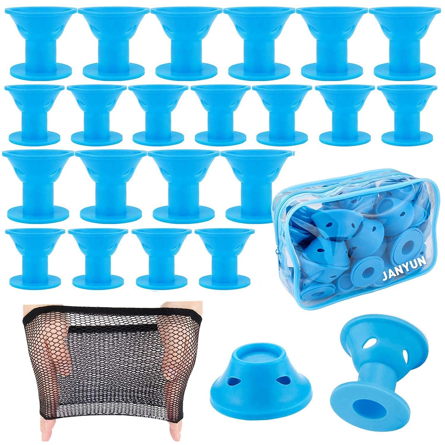 JANYUN 40 rulos de silicona azul marino, herramientas de peinado sin calor | Durante la noche incluye 20 rulos de silicona grandes, 20 rulos pequeños para cortos y largos, sin calor para dormir en rulos, para mujeres y niñas.