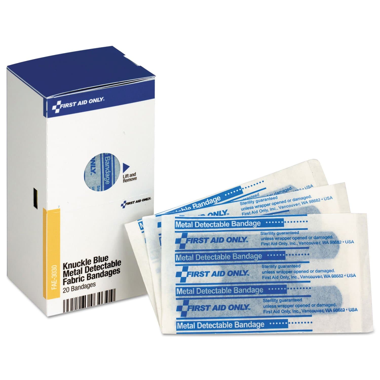 First Aid Only FAE-3030 SmartCompliance Recambio de vendajes de nudillos detectables de metal azul, suministros de repuesto para kit de primeros auxilios para empresas, servicios de alimentos, restaurantes, lugares de trabajo y hogar, 20 unidades