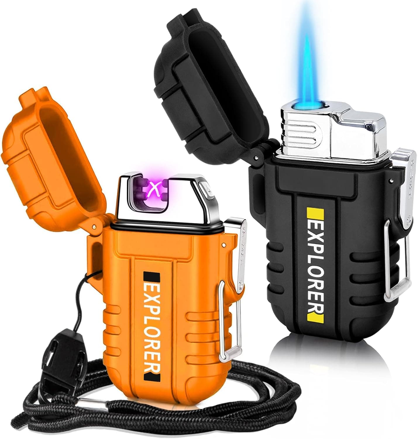 Paquete de 2 encendedores impermeables para exteriores, a prueba de viento, encendedores eléctricos de butano de doble arco, encendedores recargables USB, encendedor de plasma sin llama, camping, senderismo, aventura, equipo táctico de supervivencia
