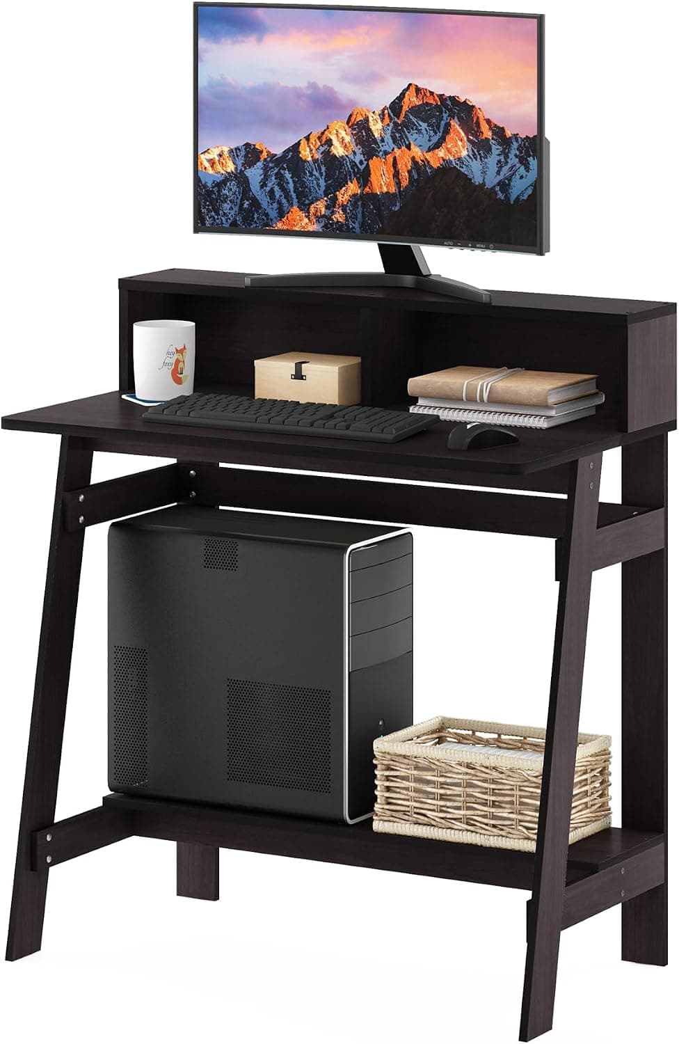 Furinno Simplistic Un Escritorio de Ordenador de Marco, Nogal Oscuro | con Soporte de Monitor, Un Escritorio de Ordenador de Marco, Escritorio de Oficina, para Oficina en Casa, Dormitorio, Sala de Estudio, Dormitorio