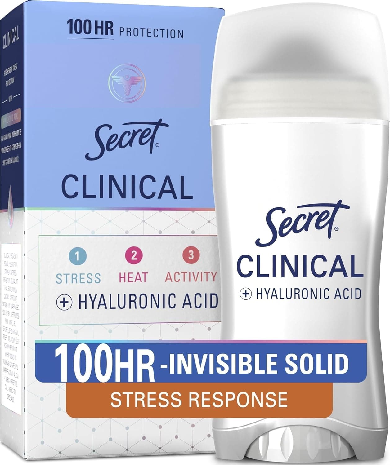 Secret Clinical Strength 100HR Sudor y olor, Desodorante antitranspirante sólido invisible para respuesta al estrés para mujeres, 3 veces protección contra el estrés con ácido hialurónico, minerales equilibradores de PH, 2.6 oz