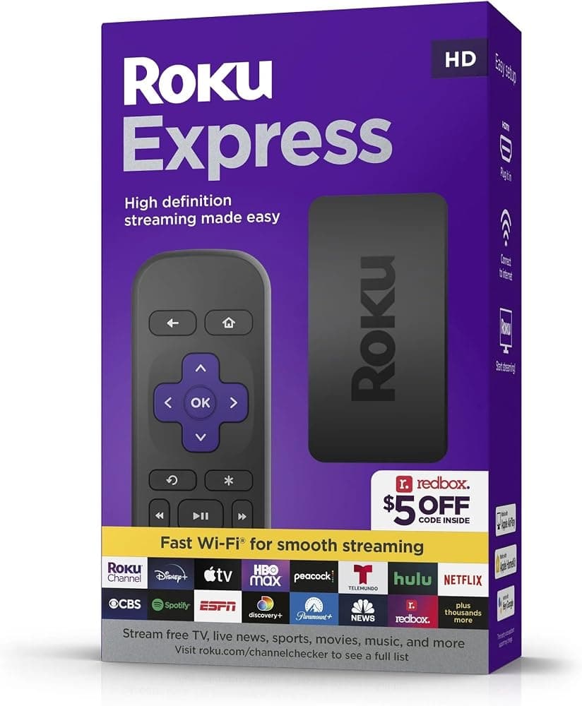 Dispositivo de transmisión HD Express (nuevo), con cable HDMI de alta velocidad y control remoto simple (sin controles de TV), configuración guiada y Wi-Fi rápido, con cable HDMI MTC y cable de extensión USB