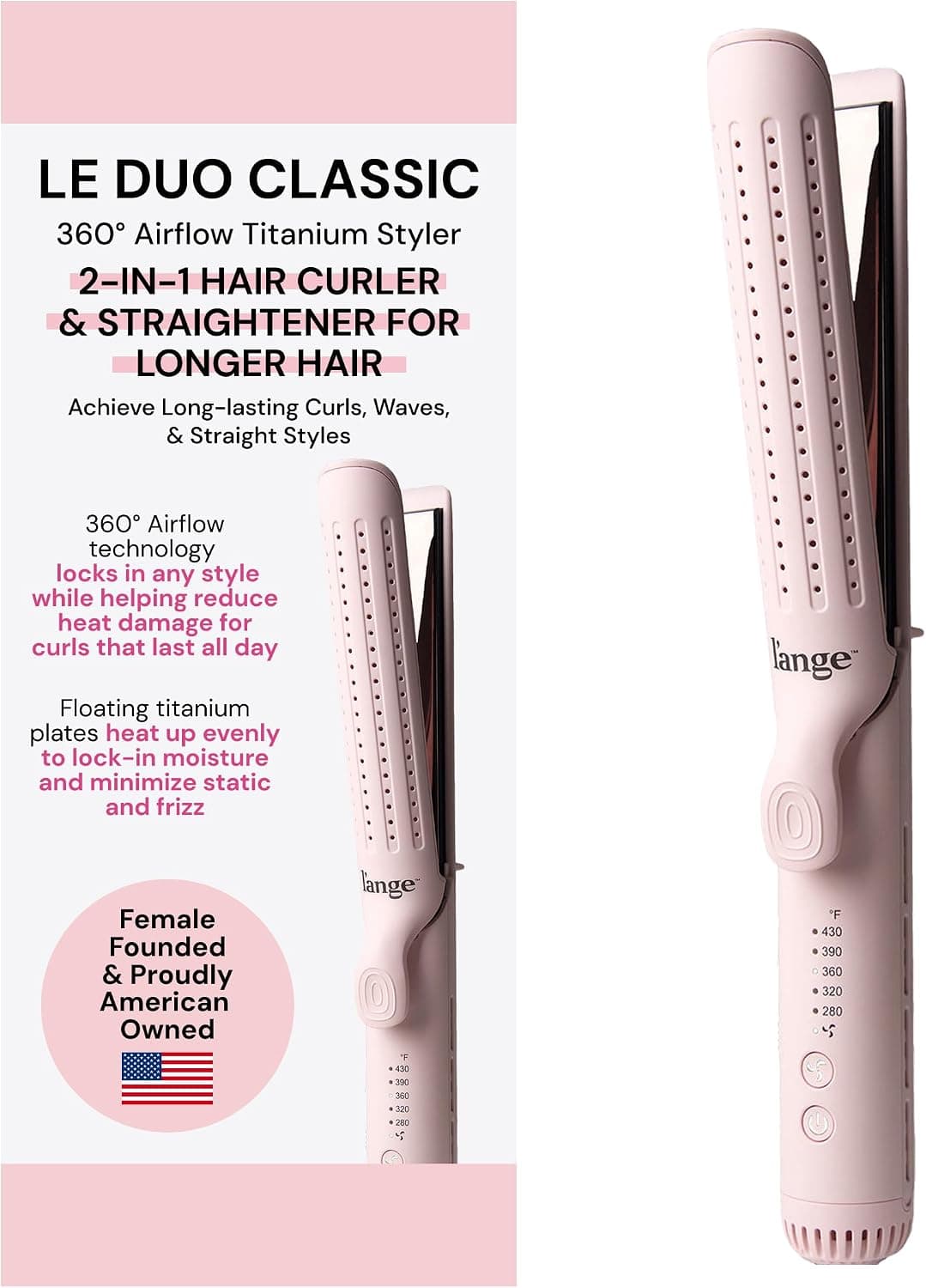 L'ANGE HAIR Le Duo Grande 360° Airflow Styler | Rizar y alisar con una sola herramienta | Placas de titanio sin enganches de 5,3" | Ventilaciones de aire de refrigeración para fijar los rizos | Temperatura ajustable y apagado automático | Rubor