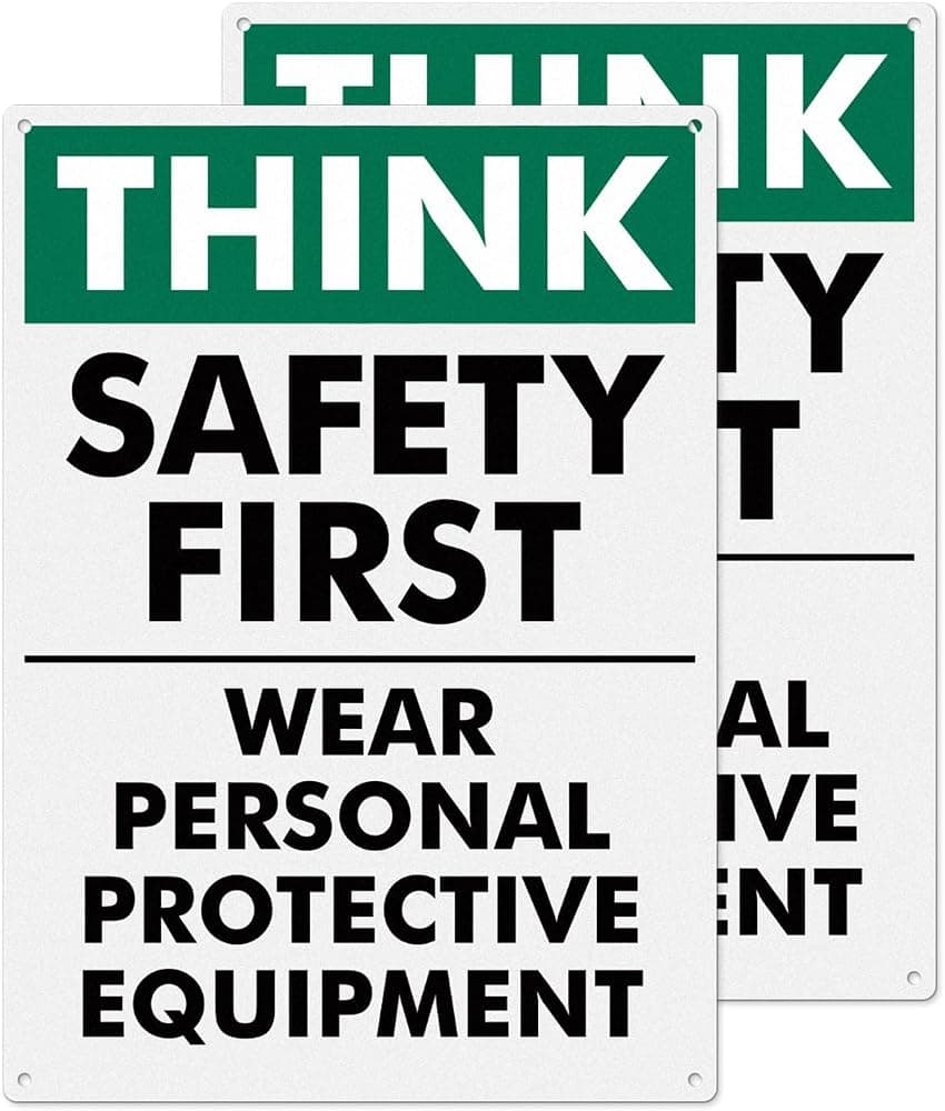 Paquete de 2 señales Think Safety First de 14 × 10 pulgadas de aluminio inoxidable | Use letrero de equipo de protección personal, resistente a los rayos UV y a la intemperie, señalización de seguridad duradera, para almacén, lugar de trabajo, negocios