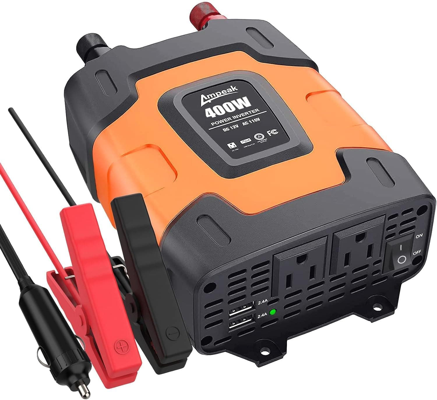 Inversor de Corriente 400W, 12V DC a 110V AC, 11 Protecciones | Pico de sobretensión de 800W, 2 salidas de CA, USB dual 4.8A, ventilador silencioso, para teléfono portátil de camión de coche