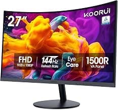 KOORUI Monitor de computadora curvo de 27 pulgadas, monitor de oficina FHD 144Hz VA 1500R | 99 % sRGB, certificación Eye Care TÜV Rheinland, HDMI/VGA, inclinación ajustable, configuración de dormitorio, estudio y oficina en casa