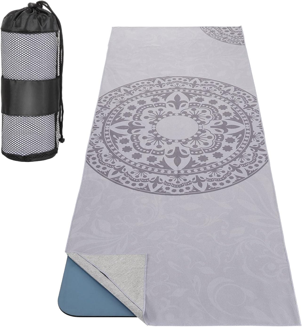 MoKo Yoga Towel, Non-Slip Quick-Dry Mat Towel, 74.4 x 27.4 in, Gray | Quick-dry yoga mat towel has corner pockets to stay in place for Bikram, Pilates, gym sessions, picnics, or beach use.