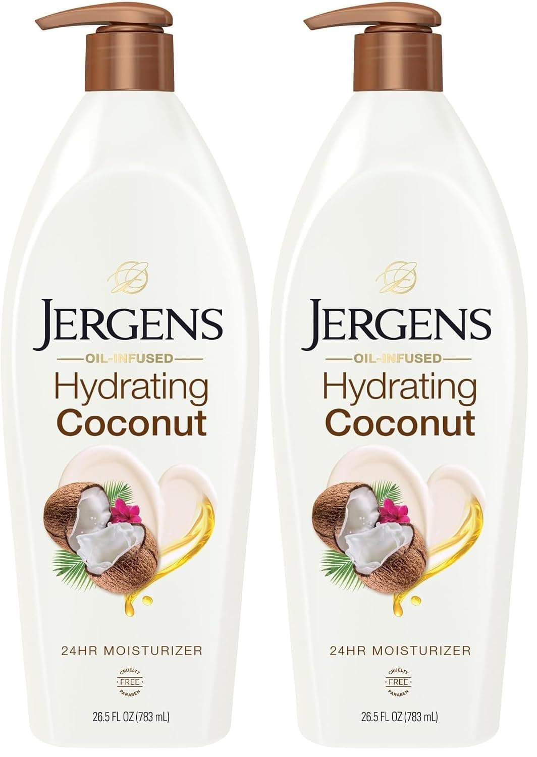 Jergens Hydrating Coconut Body Moisturizer, Infused with Coconut Oil, Dermatologist Tested, Hand and Body Lotion for Dry Skin, 26.5 Oz (Pack of 2)