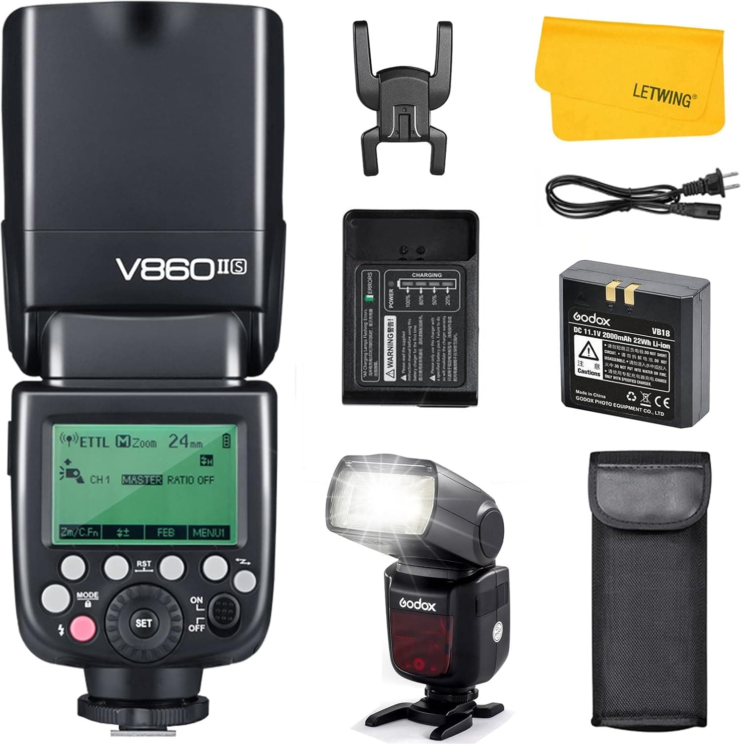 Flash Godox V860II-S TTL para Sony, Flash HSS inalámbrico GN60 2.4G 1/8000s | Batería de iones de litio de 11,1 V y 2000 mAh, 5600 ± 200, aprox. 650 flashes a máxima potencia, tiempo de reciclaje de 1,5 s, zoom de 20-200 mm, exposición automática TTL