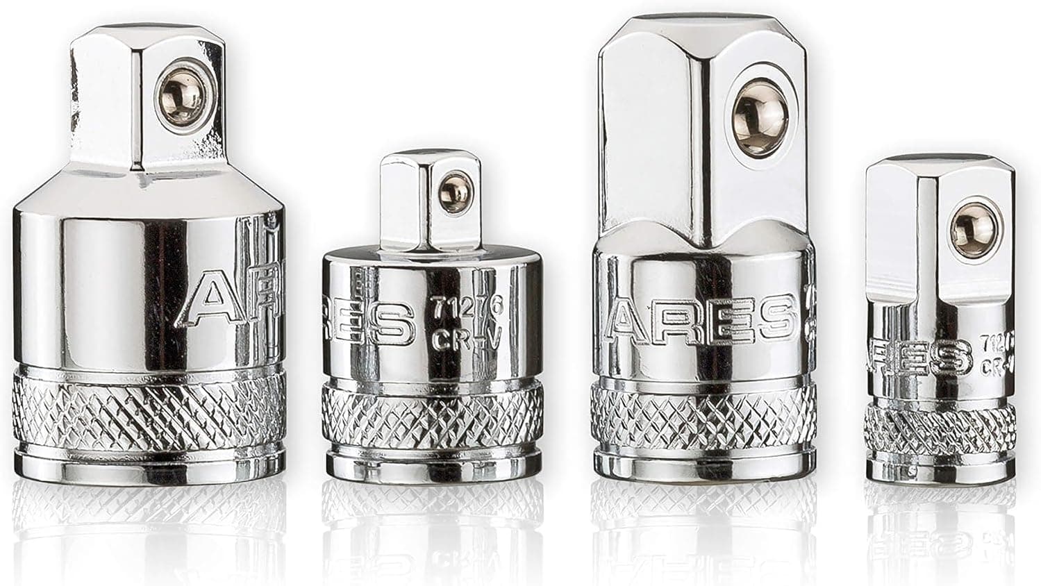 ARES 70007 4-Pc Socket Adapter & Reducer Set - 1/4 to 3/8 to 1/2-In | Premium Chrome Vanadium Steel with Mirror Finish; Ratchet/Socket Conversion Kit