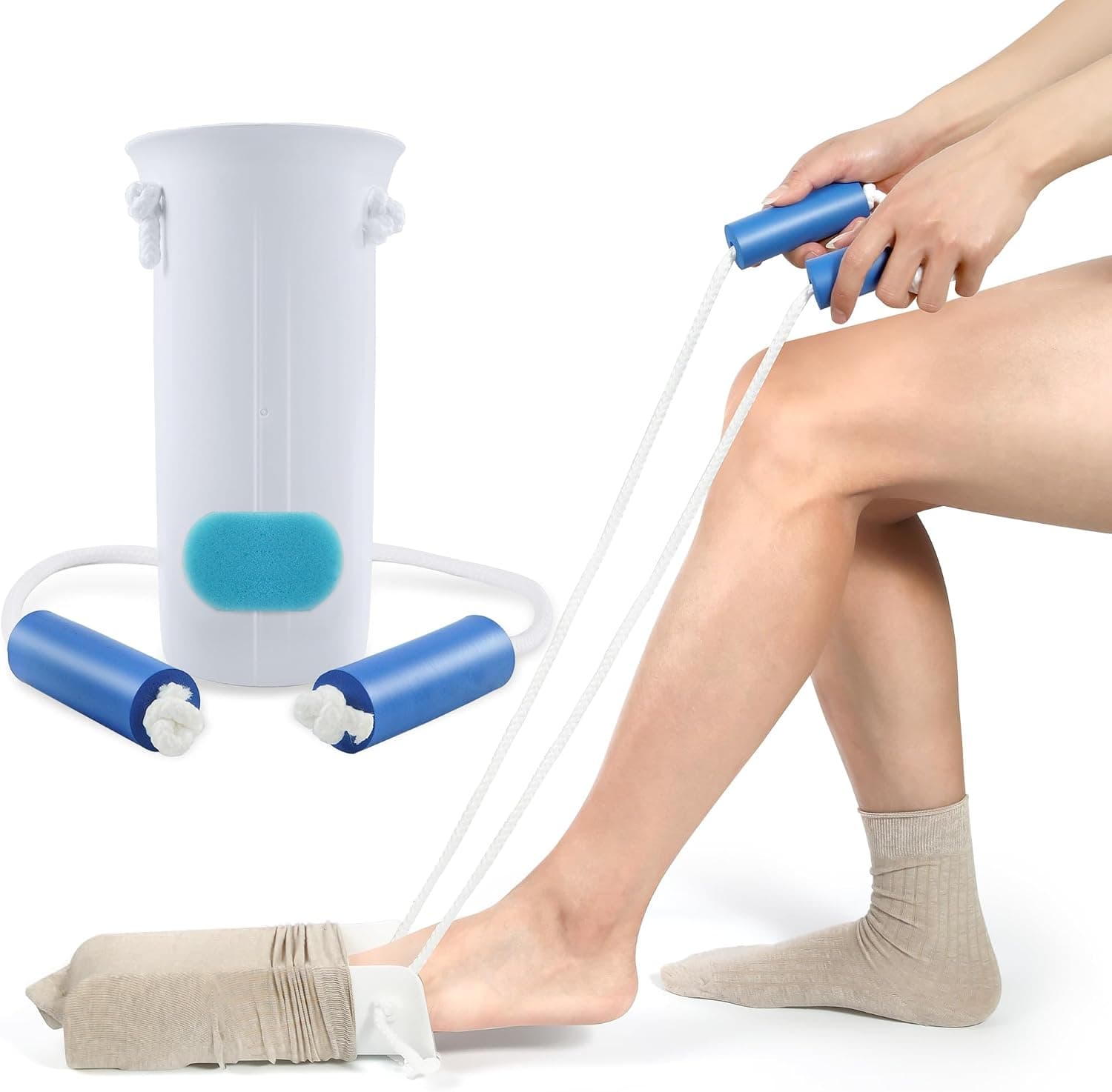 KEKOY Sock Aid for Putting on Socks, 4" Foot Width, No Bending | Soft Flexible ABS Shell, Foam Handles, Long Pull Cord, Sock Helper Device for Seniors, Limited Mobility, for Regular Socks