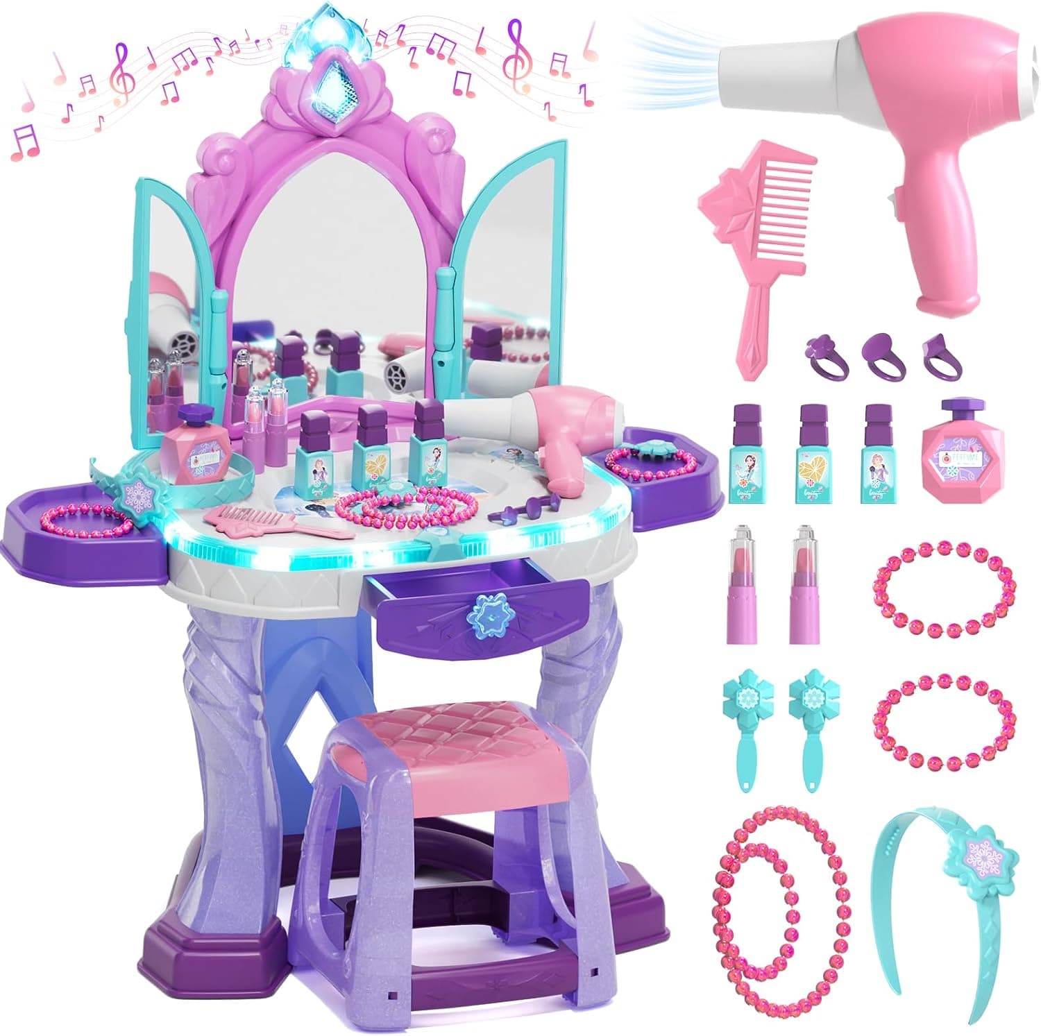 Lehoo Castle Juego de mesa y silla de tocador para niños, juego de mesa de maquillaje para niñas | Tocador para niños pequeños con luz de espejo y música, juego de simulación de salón, juego de vestir de princesa, regalos mágicos para niñas de 3, 4 y 5 años