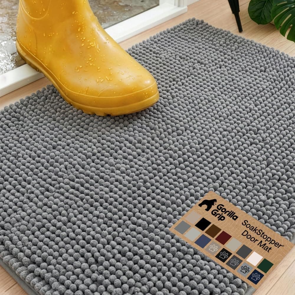 GORILLA GRIP SoakSTOPPER Dog Door Mat, 30x20 Machine Washable Rug Absorbent Doormat Captures Moisture Mud Dirt, Quick Dry Soft Chenille Entryway Rugs Indoor Entrance Mats for Dog Paws, Grey