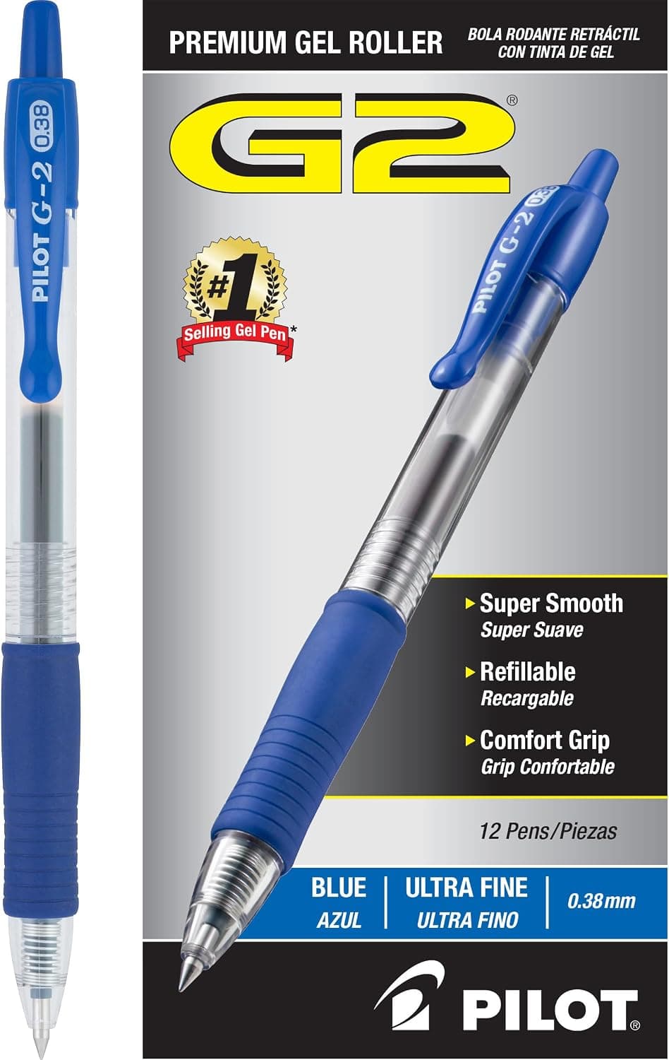 PILOT G2 Bolígrafos de gel con bola rodante premium, 0,38 mm, tinta azul, paquete de 12