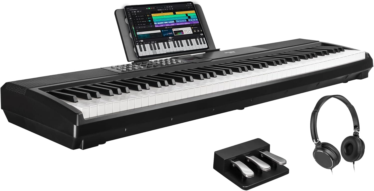 STRICH Teclado ponderado de 88 teclas con pedal de sostenido, piano digital con acción de martillo, 2 parlantes incorporados de 15 W, teclado de piano eléctrico de tamaño completo compatible con USB-MIDI/conexión inalámbrica, SDP-120