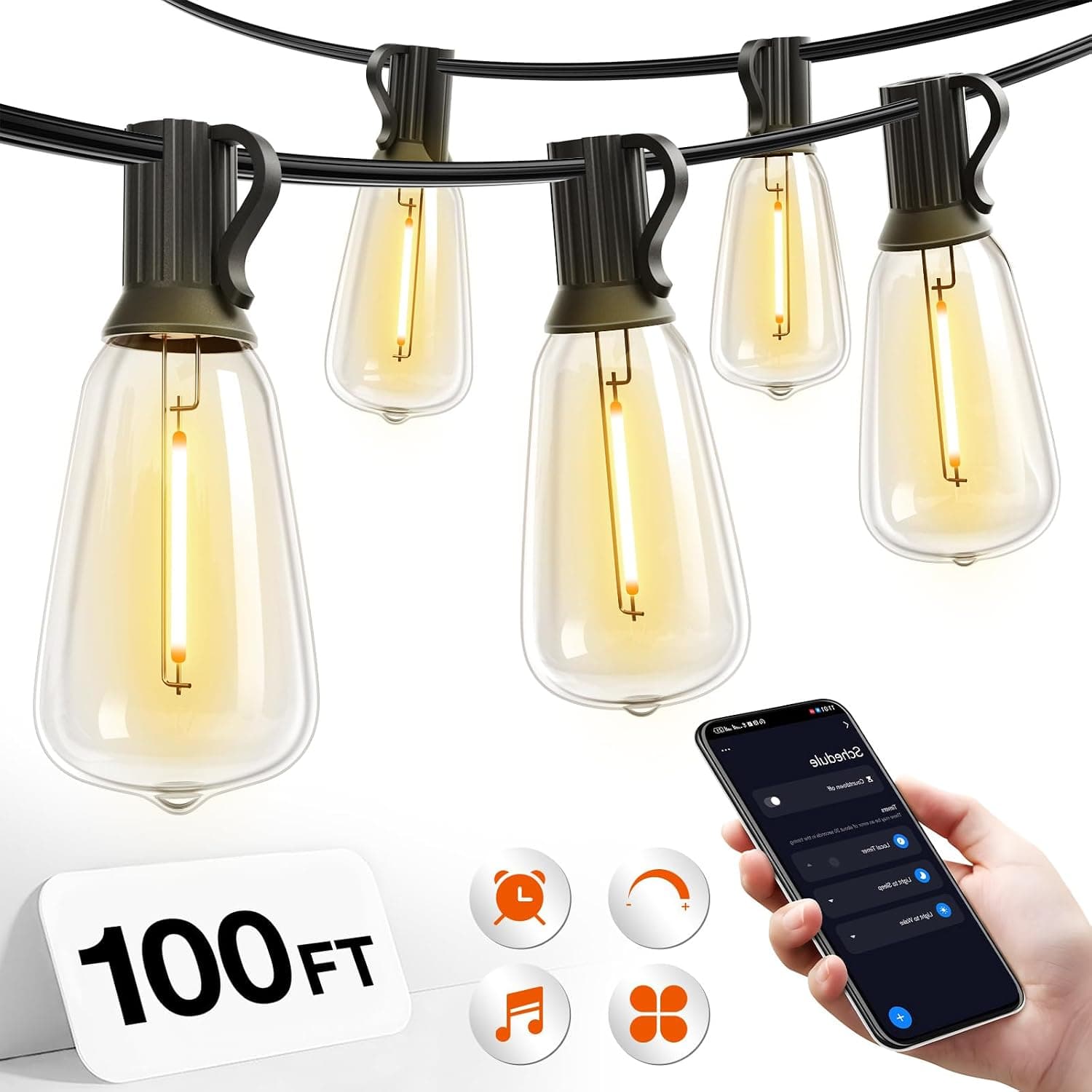 addlon Cadena de luces LED ST38 para exteriores de 100 pies con control de aplicación resistente al agua | Bombillas reemplazables regulables e inastillables, hilo colgante conectable para porche, patio, jardín, terraza exterior