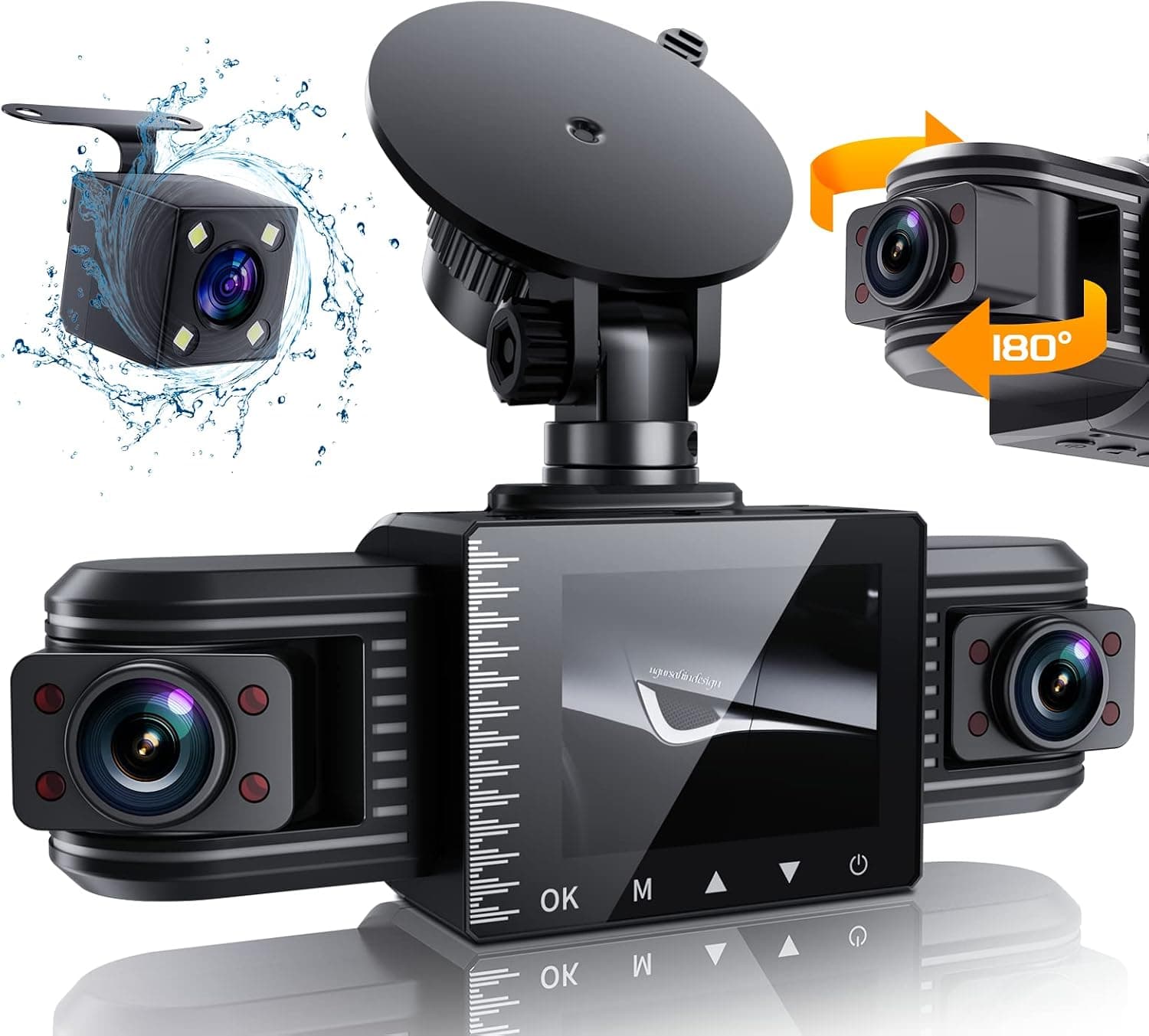 iiwey T1-pro Dash Cam Delantero y Trasero Interior 3 Canales 1080P, Cámara de Tablero con Lente Ajustable para Automóviles con 8 Lámparas IR Visión Nocturna, Cámara Triple para Auto de Tres Vías, Grabación en Bucle, Sensor G, Monitor de Estacionamiento