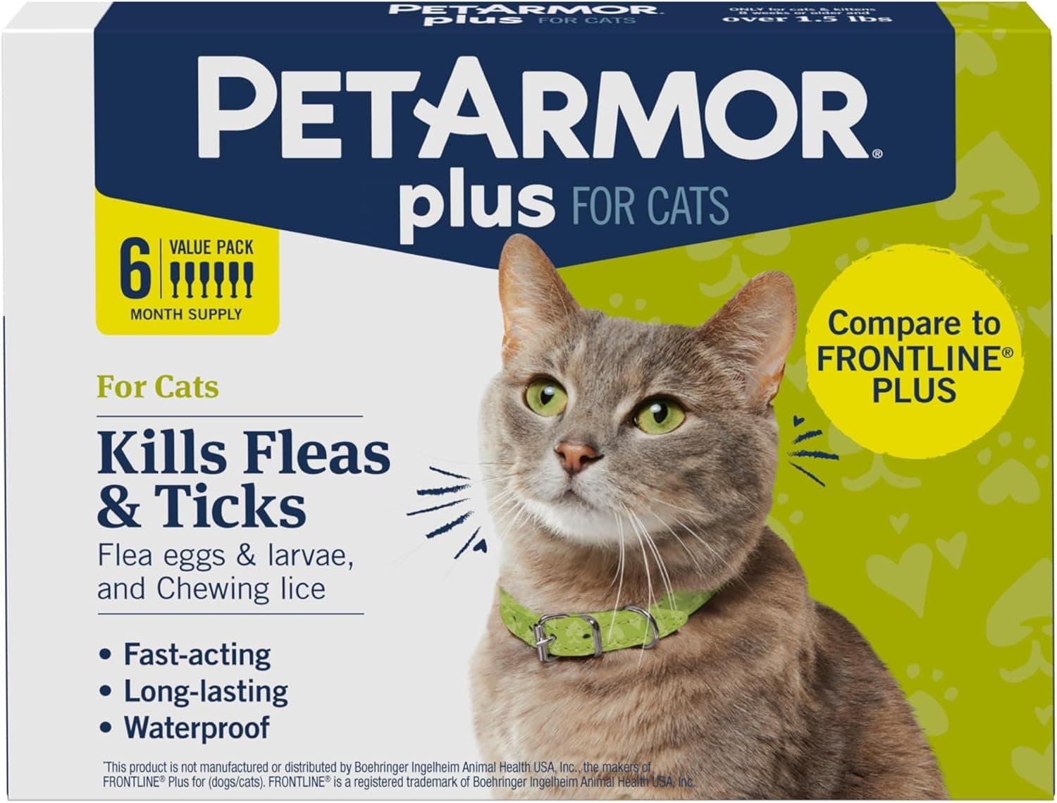 PetArmor Plus Prevención de pulgas y garrapatas para gatos de más de 1,5 libras, tratamiento contra pulgas y garrapatas de gatos, 6 dosis, tópico impermeable, acción rápida