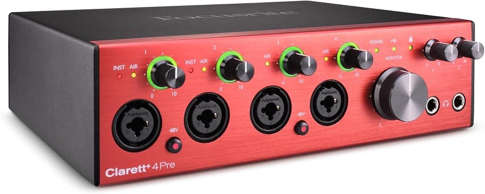 Interfaz de audio de estudio Focusrite Clarett+ 4Pre USB para creadores de música: cuatro preamplificadores de micrófono de bajo ruido y baja distorsión que brindan un sonido realista | 4 preamplificadores de micrófono Clarett, 2 entradas JFET Hi-Z, 4 entradas de línea, 4 salidas balanceadas, expansión ADAT, modo aire, 24 bits/192 kHz, 124 dB