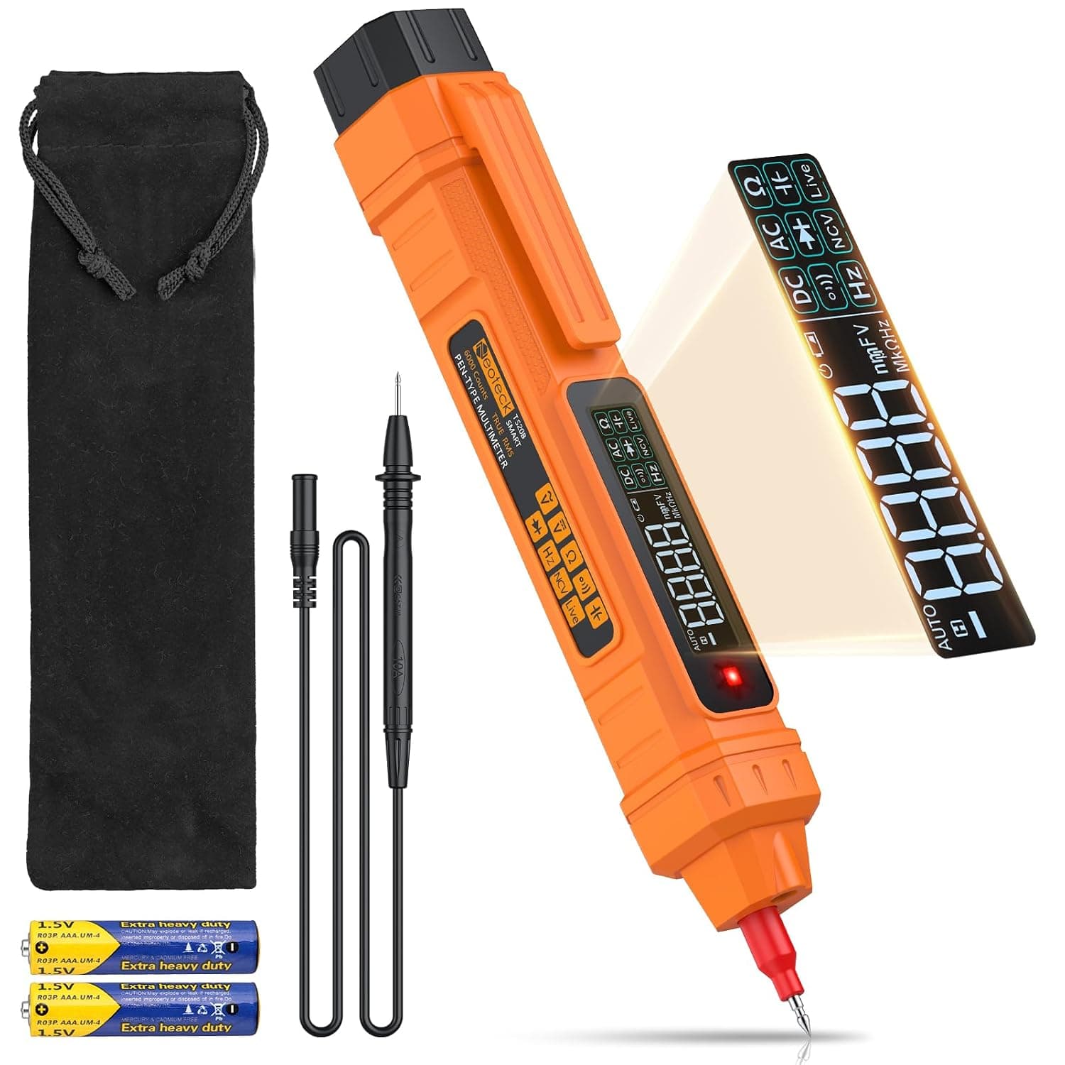 Probador de voltaje multímetro digital tipo bolígrafo 2 en 1 Neoteck 6000 recuentos | Voltímetro inteligente TRMS con pantalla LCD Frecuencia de capacitancia de continuidad de diodo de resistencia de voltaje CA/CC para bricolaje-naranja