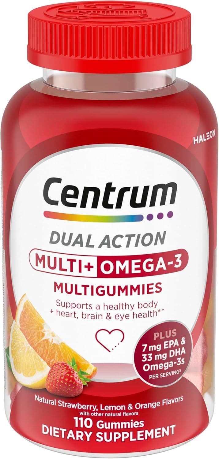 Centrum MultiGummies Multi+ Omega 3 Dual Action, Adult Multivitamin, Multivitamin/Multimineral/Omega 3 Supplement, Strawberry/Lemon/Orange Flavors - 110 Count (Pack of 5)