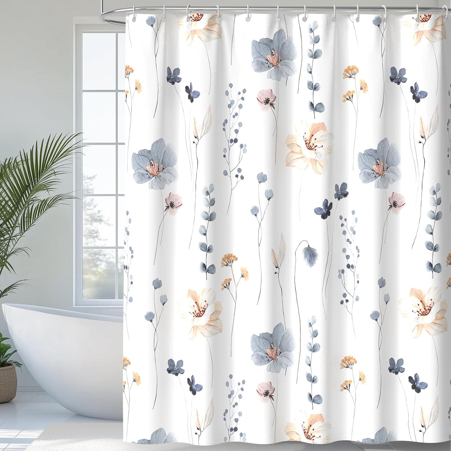 QiyI Cortina de ducha floral de acuarela con ganchos, 72 x 72, beige | Tela impermeable, lavable a máquina, estampado de flores minimalistas, decoración de baño moderna, 12 ganchos