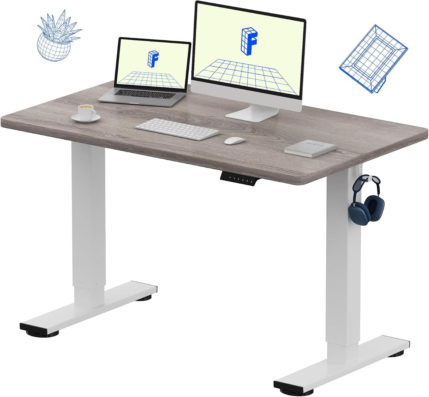 FLEXISPOT EN1 Escritorio de pie de una sola pieza de 48 x 30 pulgadas, madera gris | Escritorio sin costuras de 1" de grosor, capacidad de 176 libras, uso en oficina en casa, 4 ajustes preestablecidos de memoria, configuración de monitor dual, protección anticolisión