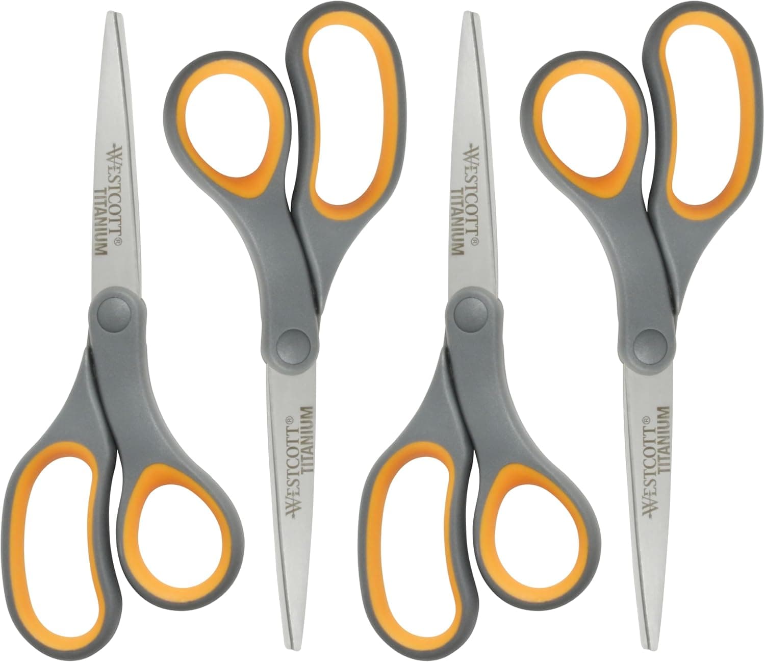 Westcott Tijeras rectas de titanio de 8 pulgadas, mango suave, gris/amarillo, paquete de 4