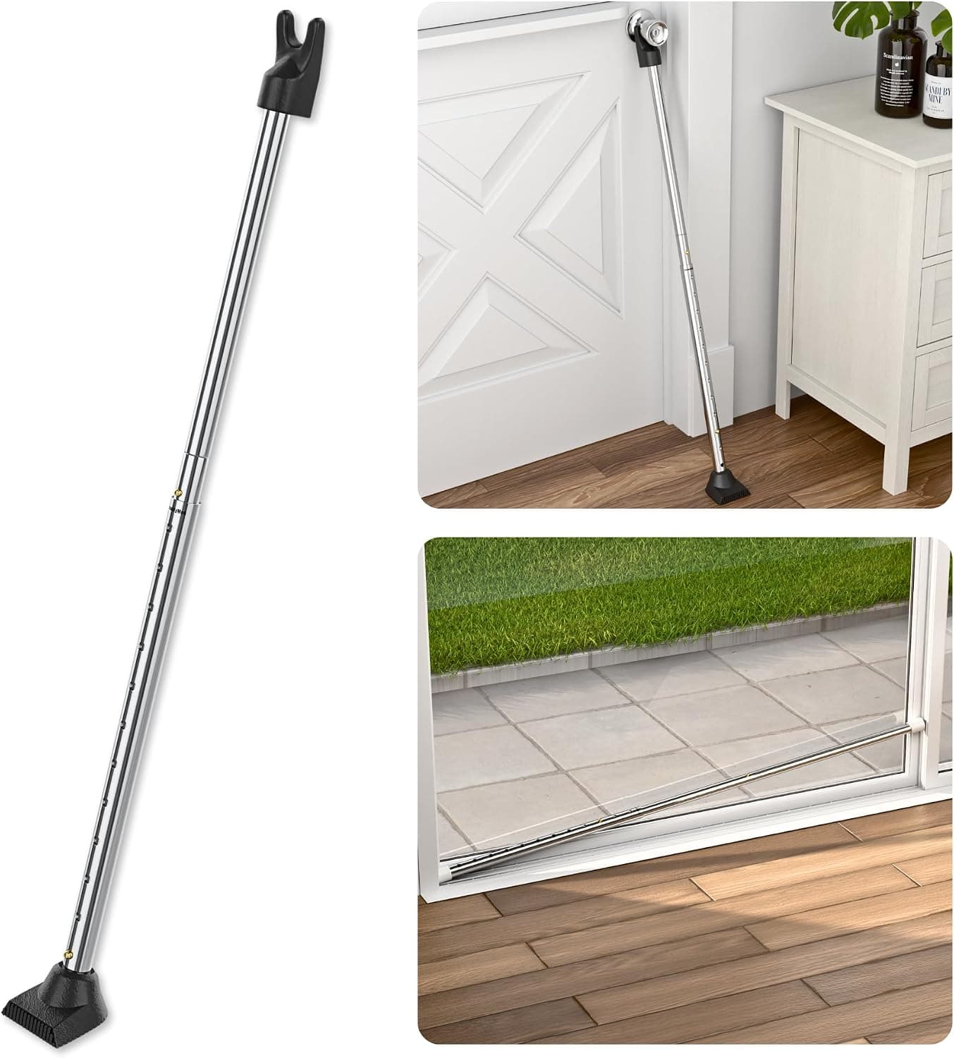 SECURITYMAN Barra de seguridad para puerta 3 en 1, topes de puerta de seguridad y barricada de puerta – Barra de bloqueo de seguridad de hierro ajustable resistente para defensa del hogar, apartamento y seguridad de viajes (1 paquete - cromado)