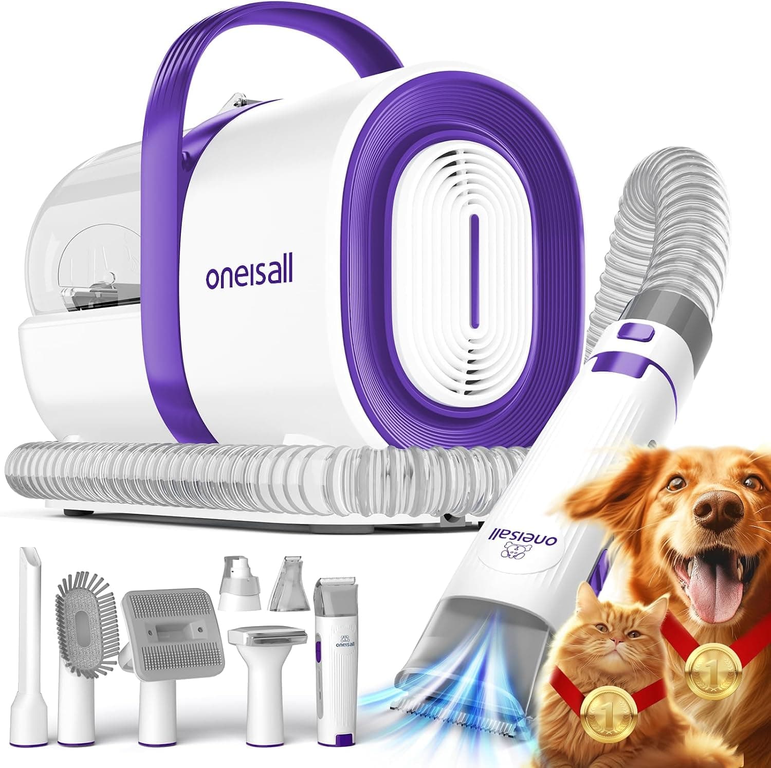 oneisall Aspiradora de aseo para perros con cortaúñas y molinillo y recortadora de uñas | 7 herramientas para el cuidado de mascotas, cepillo para quitar el pelo, limpieza del hogar de mascotas, recipiente para polvo de 1,5 L, disponible en color morado