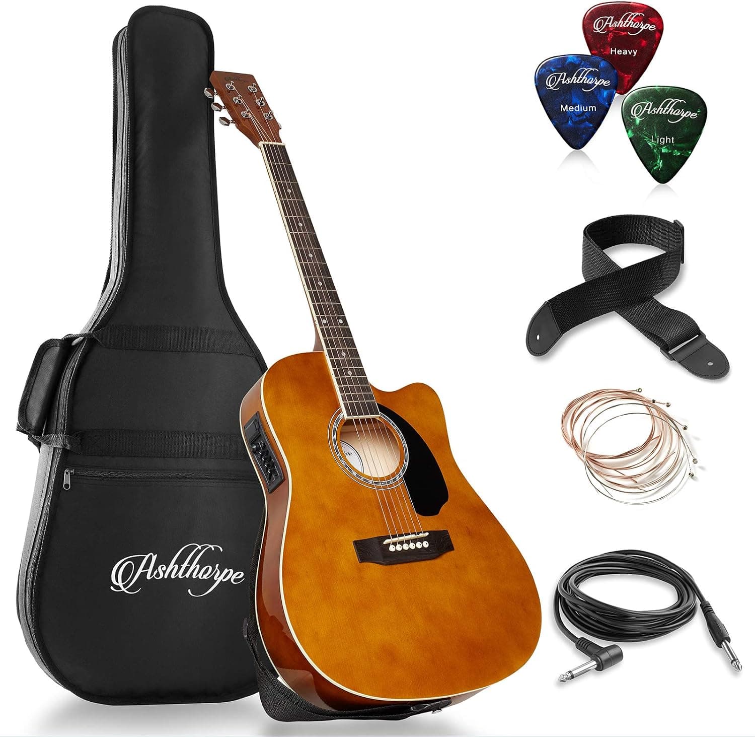 Paquete de guitarra acústica-eléctrica Ashthorpe Cutaway Thinline de tamaño completo - Maderas tonales premium - Marrón