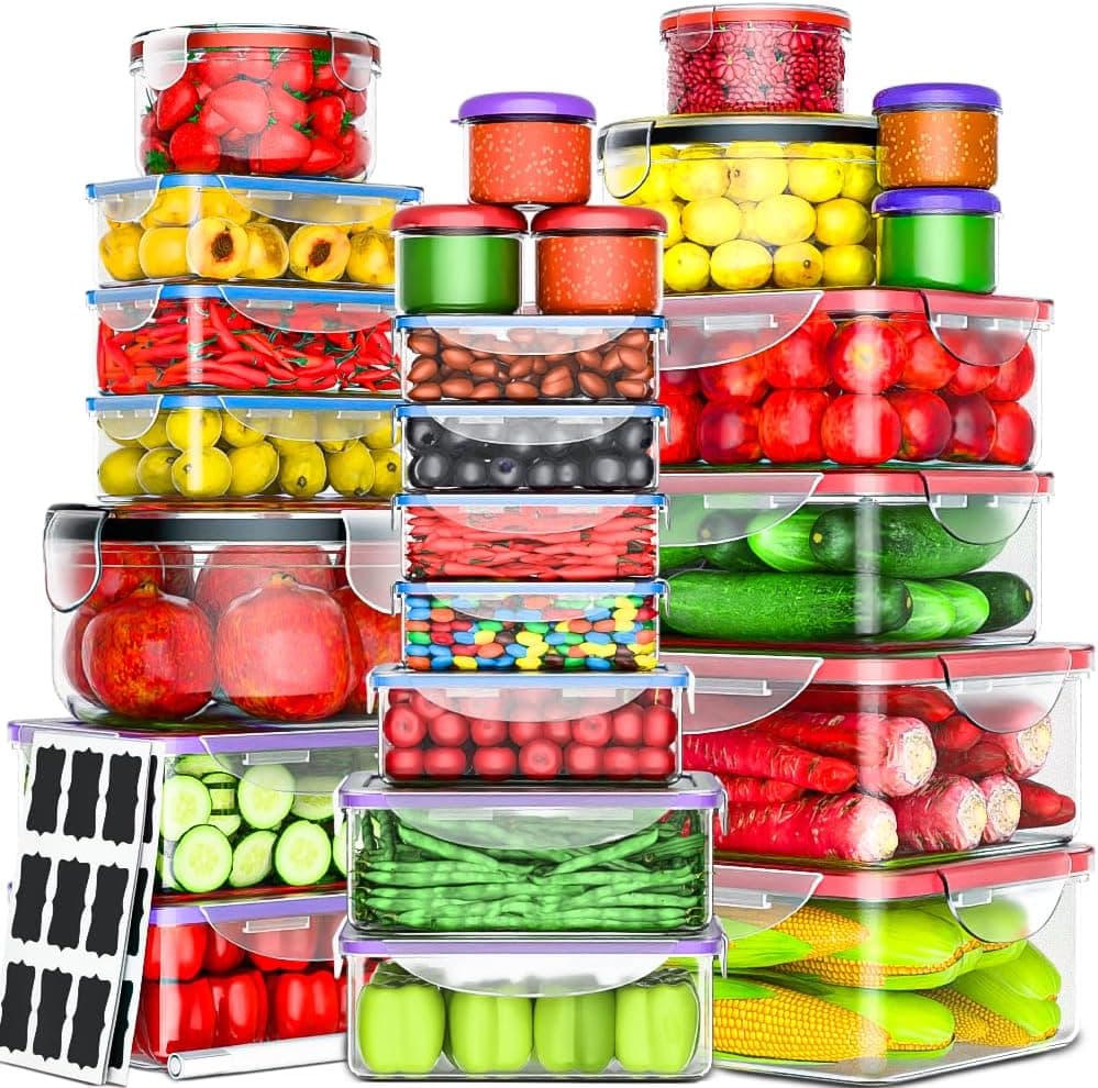 RockBerry 50 recipientes grandes de almacenamiento de alimentos con tapas herméticas, caja de 85 onzas para salsas, total de 526 onzas, plástico libre de BPA, apilable, preparación de comidas para despensa, organización de cocina, etiquetas para bolígrafos aptas para microondas