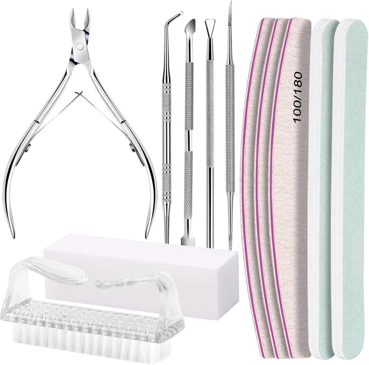 FANDAMEI Kit de manicura, limas de uñas 100/180, pinzas para cutículas, bloque amortiguador de uñas, empujador de cutículas, pelador de cutículas, herramienta para uñas encarnadas, lima para uñas de los pies, kit de cuidado de uñas, herramientas para manicura, blanco | Kit de preparación de uñas, pulidor de uñas, bloque pulidor de uñas, pinzas para cutículas, cortacutículas, empujador de cutículas, herramientas para uñas, herramientas de manicura