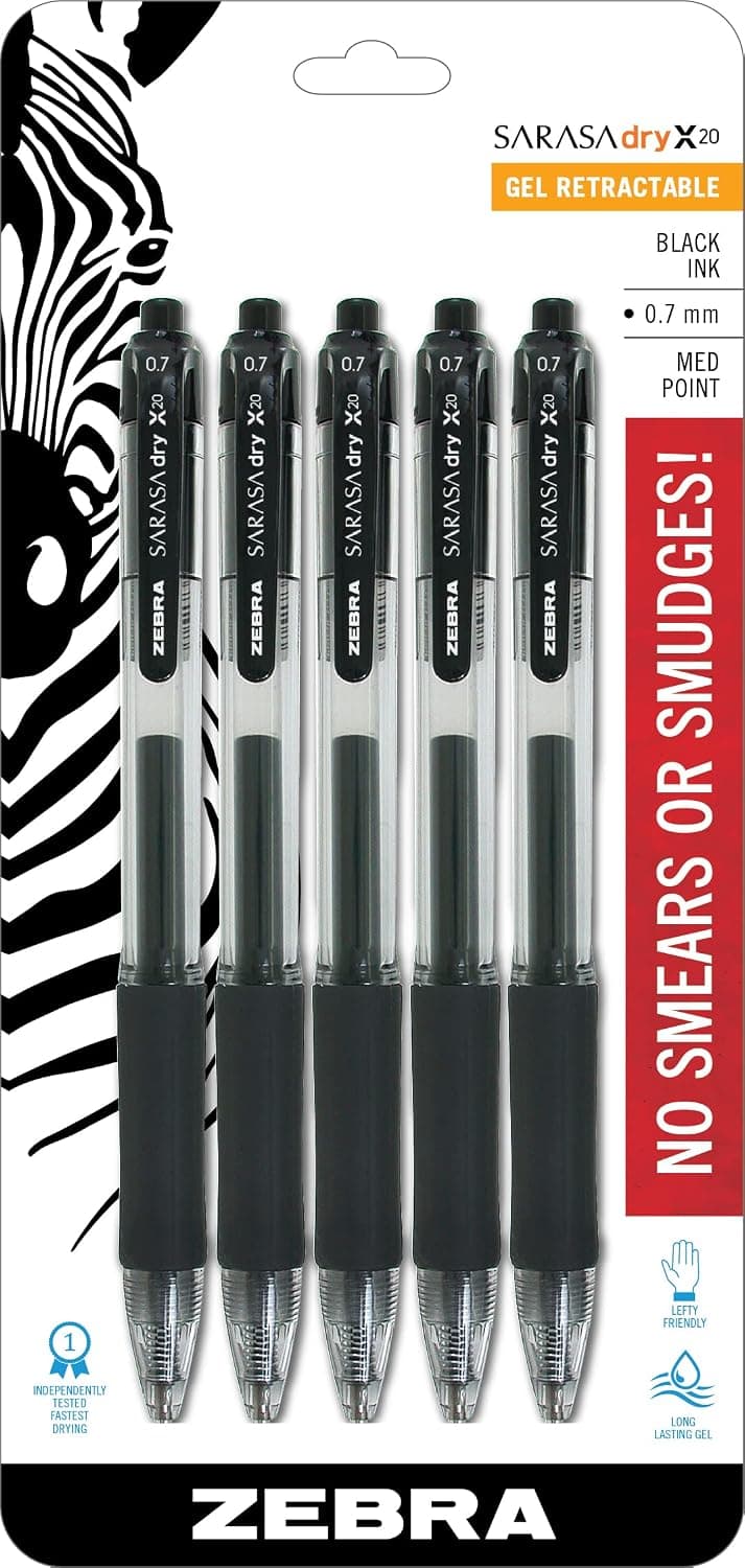 Zebra Pen Bolígrafo de gel retráctil SARASA X20, tinta negra, 0,7 mm, paquete de 5 | Tinta de secado rápido, resistente a las manchas, ideal para escritores zurdos, toma de notas, oficina, útiles escolares, punta de punta media (46855)
