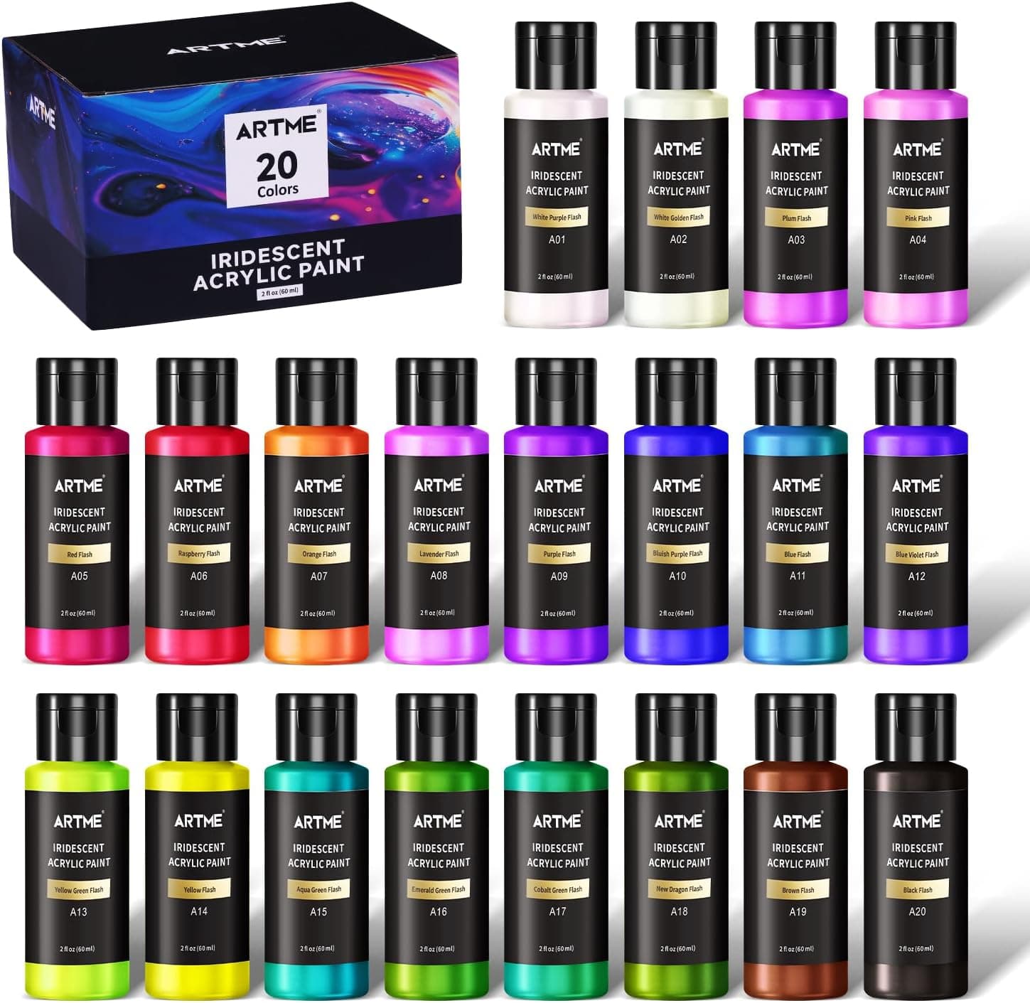 Artme Juego de pintura acrílica iridiscente, 20 colores camaleón en botellas de 2 oz/60 ml, pintura acrílica que cambia de color perfecta para artistas, principiantes en lienzo, rocas, madera, tela, cerámica