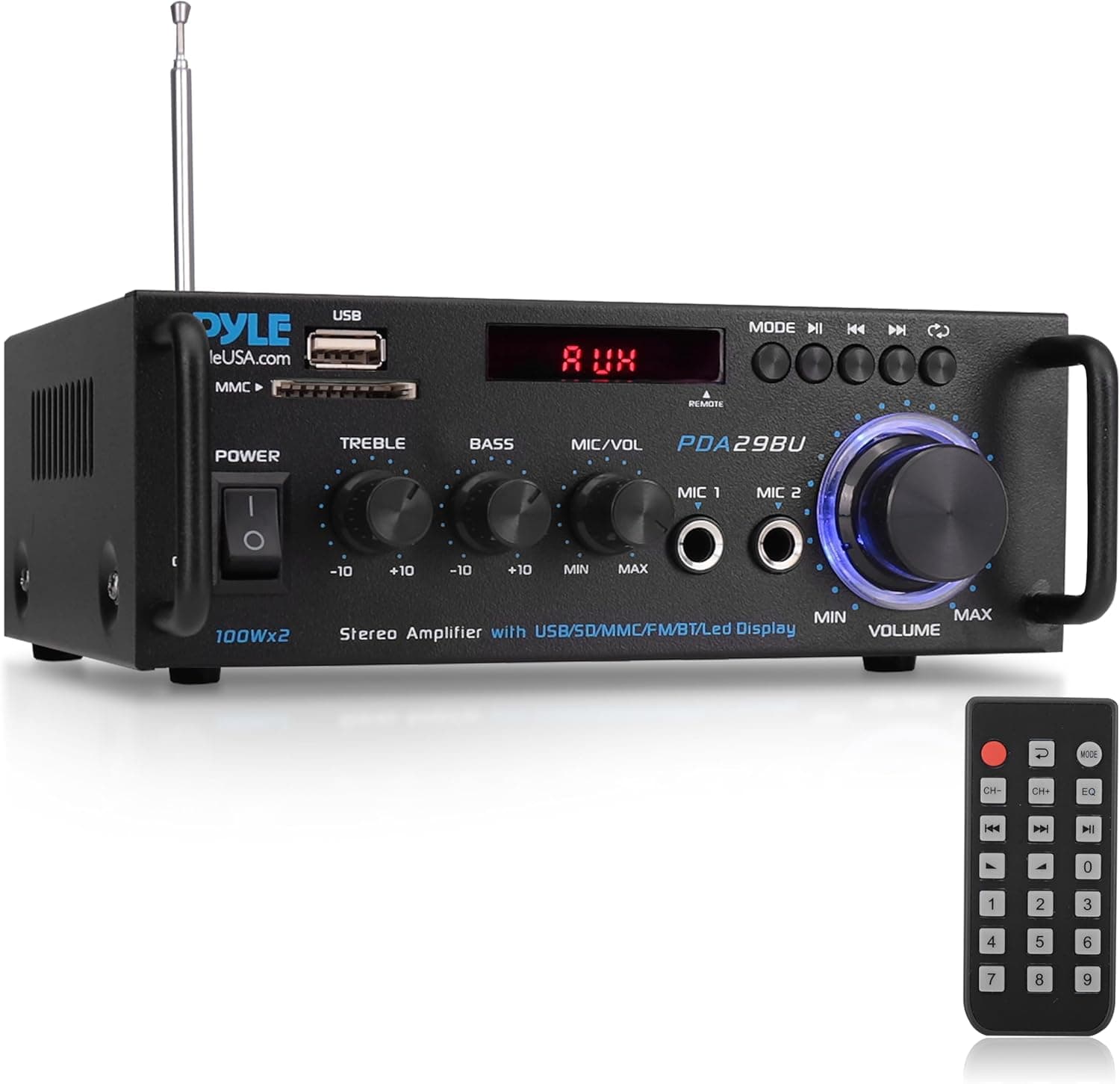 Pyle Amplificador de potencia estéreo de 200 W con Bluetooth - Receptor de audio de doble canal - Pantalla LED - RCA - USB - SD - MIC IN - Radio FM - Entrada AUX - Perfecto para audio doméstico y de computadora - PDA29BU.5