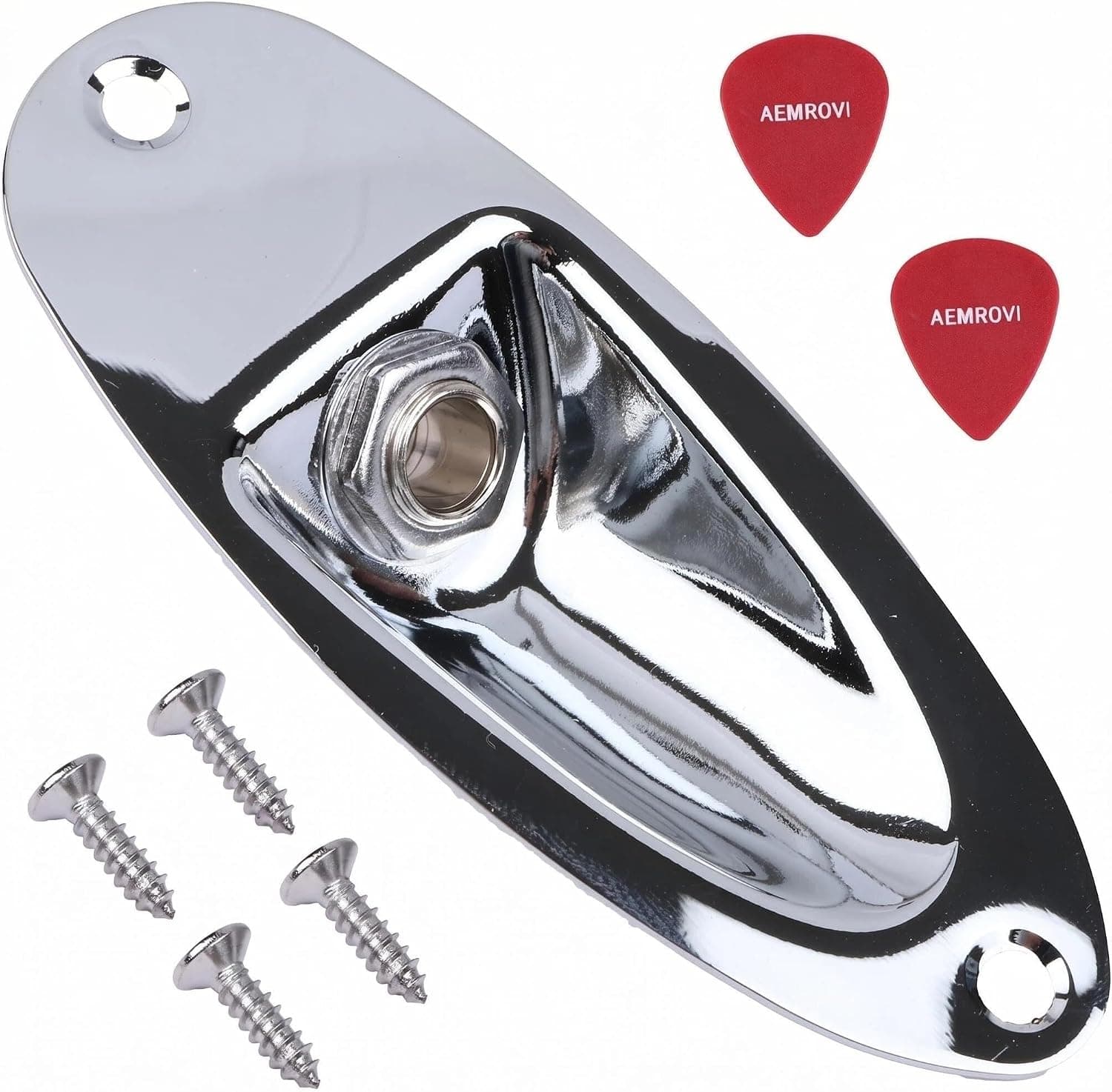 Placa de toma de entrada de guitarra estilo barco de 1/4 pulgadas con 4 tornillos compatible con piezas de repuesto de guitarra eléctrica Fender Stratocaster Strat ST Mono (cromo)