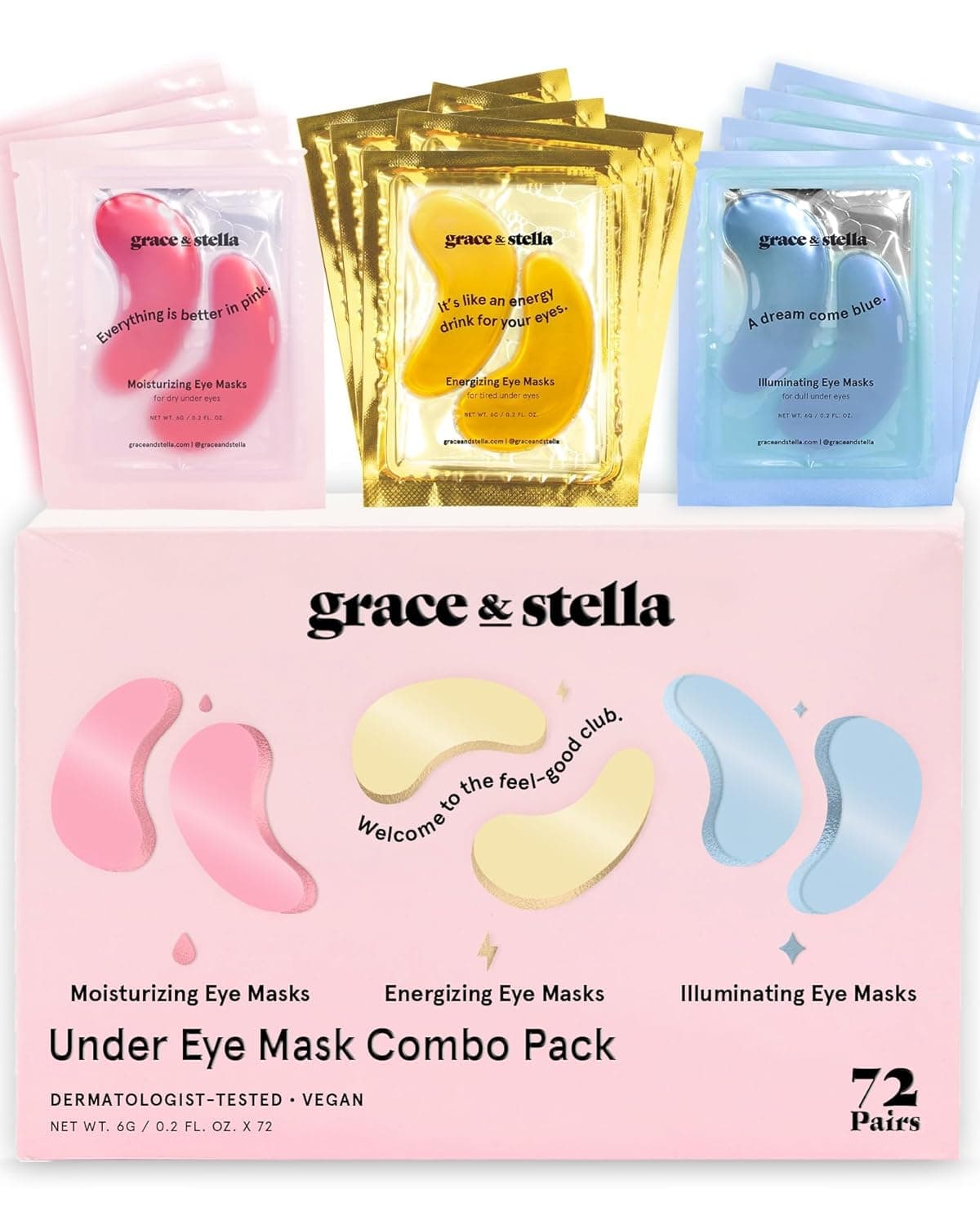 grace & stella Under Eye Mask - Reduce Dark Circles, Puffy Eyes, Undereye Bags, Wrinkles - Gel Under Eye Patches, Bulk Gifts for Women - Vegan Cruelty-Free Self Care (72 Pairs, Gold, Pink, & Blue) | Reduce Dark Circles, Wrinkles - Undereye Mask, Bulk Gifts for Women - Vegan Cruelty (72 Pairs, Gold, Pink, & Blue)