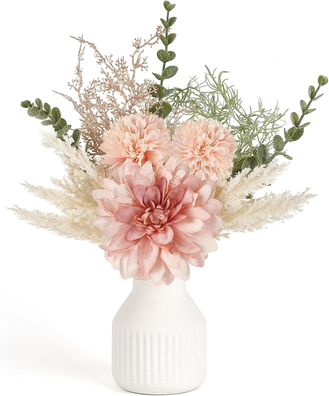 Mkono Flores falsas en jarrón de cerámica, centros de mesa de centro de 12.5 pulgadas, rosa | Decoración de mesa con jarrón, pequeños arreglos de flores artificiales de seda, se adapta al baño, comedor, cocina, decoración interior del hogar