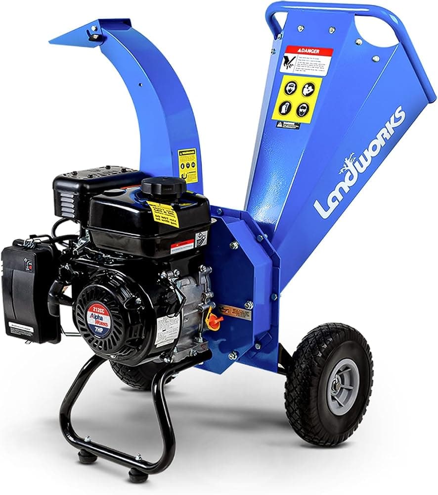 Mini trituradora de madera Landworks, trituradora resistente, diseño compacto de 7HP, capacidad máxima de 3" pulgadas