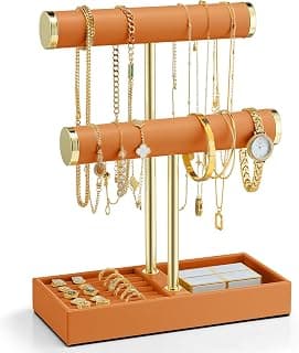 Organizador de joyas VLANDO, soporte de collar de joyas de 2 niveles con bandeja | Barras de cuero y oro de PU resistentes a los arañazos, pulseras y relojes de exhibición, anillos de tiendas, pendientes y artículos para un uso diario fácil