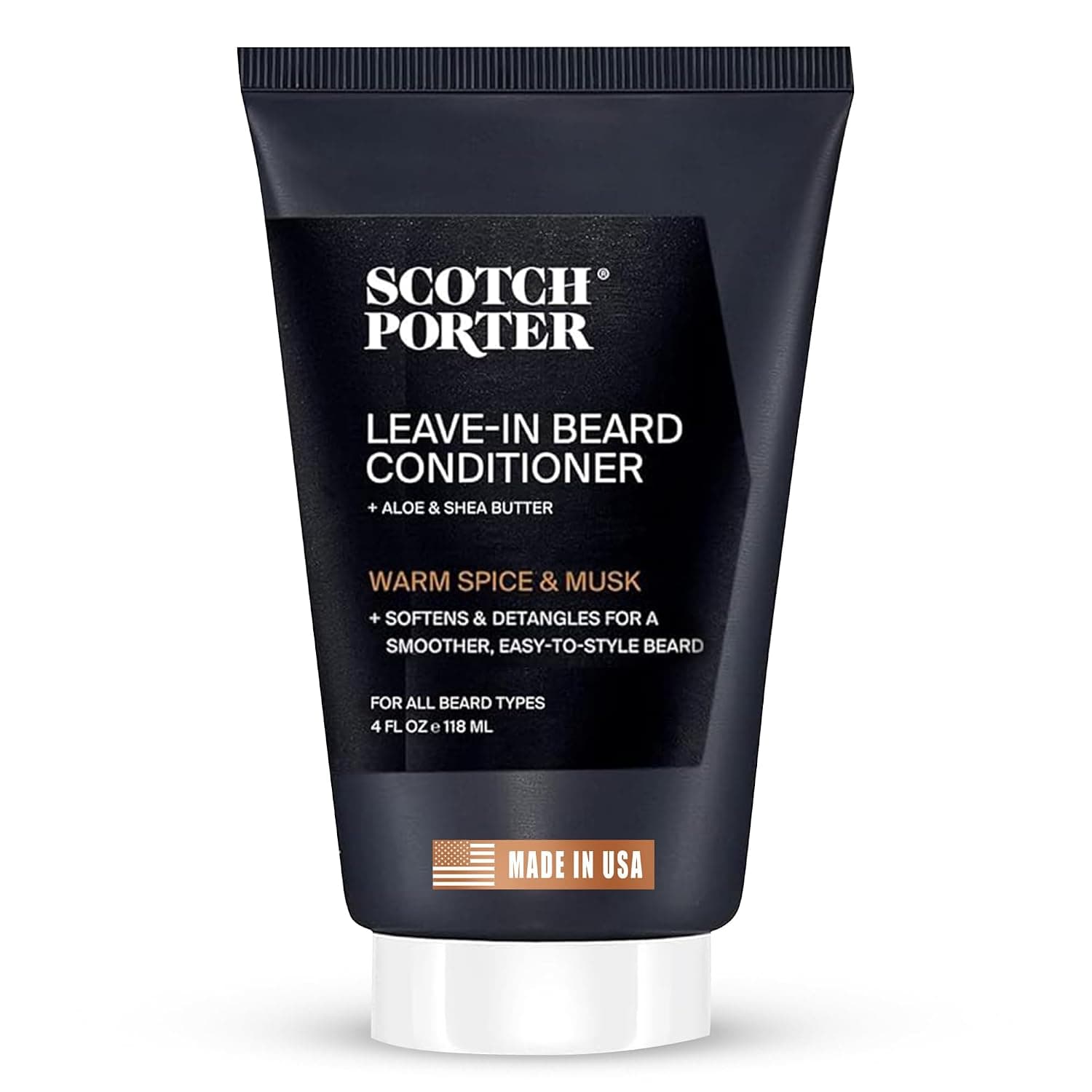 Acondicionador para barba sin enjuague Scotch Porter, especias cálidas y almizcle | Suavizante acondicionador profundo, sensación liviana, reduce el encrespamiento, hidratación y brillo duraderos para barbas secas y opacas, 4 oz