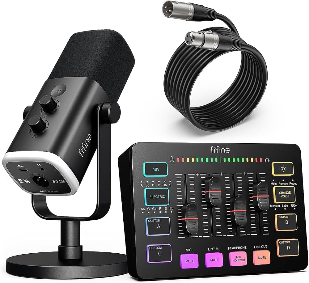 FIFINE Paquete de equipo de juego, micrófono dinámico XLR/USB para juegos con mezclador de audio en streaming para grabación de podcasts, vídeo vocal, juego de jugador RGB con atenuador de volumen/interfaz XLR para PC-AmpliGame KS5