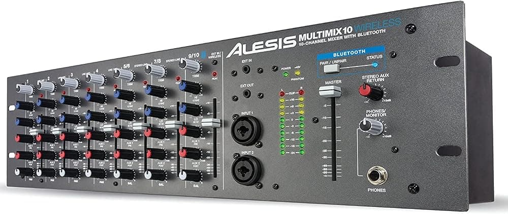 Mezclador de audio inalámbrico Alesis MultiMix 10 | Mezclador de montaje en rack de 10 canales, Bluetooth, 4 entradas Jack/XLR, ecualizador de 2 bandas, envíos auxiliares
