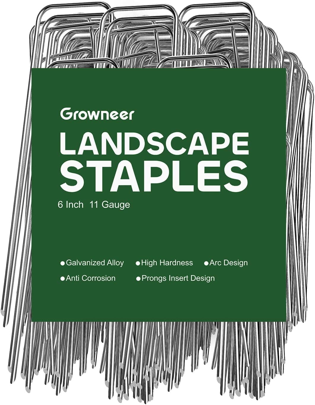 GROWNEER Grapas de paisaje de 6.0 in, paquete de 100 estacas de calibre 11 para tela de barrera contra malas hierbas, sostiene bordes de césped, asegura tubos de riego, picos de jardín de acero galvanizado