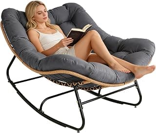 SUNCROWN Oversized Wicker Rocking Chair Indoor Outdoor, 450 LBS Heavy Duty Patio Papasan Egg Chair with Cushion, E-Coated Frame Lounge Rocker for Garden Porch Balcony Living Room (Dark Grey)