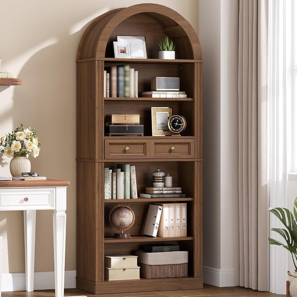 Estantería arqueada, librería con arco de 73 pulgadas de alto con cajón, estantería para libros de granja de 6 niveles, estantería de madera con estantes abiertos para sala de estar, oficina, estante ajustable, nogal