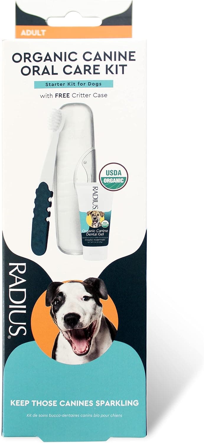 RADIUS Canine Kit de cuidado bucal, incluye 1 cepillo de dientes para mascotas, 1 estuche para bichos y pasta de dientes canina para mascotas de 0.8 oz, cerdas firmes y pasta de dientes no tóxica para perros