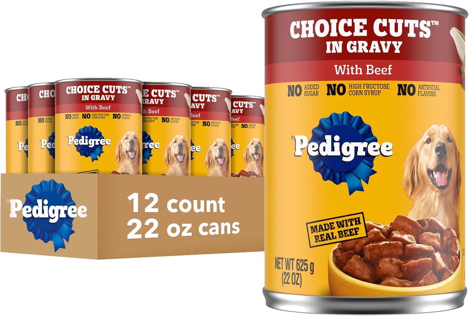 Pedigree Choice Cuts In Gravy Alimento húmedo suave enlatado para perros adultos con carne de res, 22 oz. latas (12 unidades, paquete de 1) | Carne de res en salsa, soporte para músculos magros, más del 50 % de agua para hidratación, complemento o comida completa para perros adultos, latas de fácil apertura que no ensucian