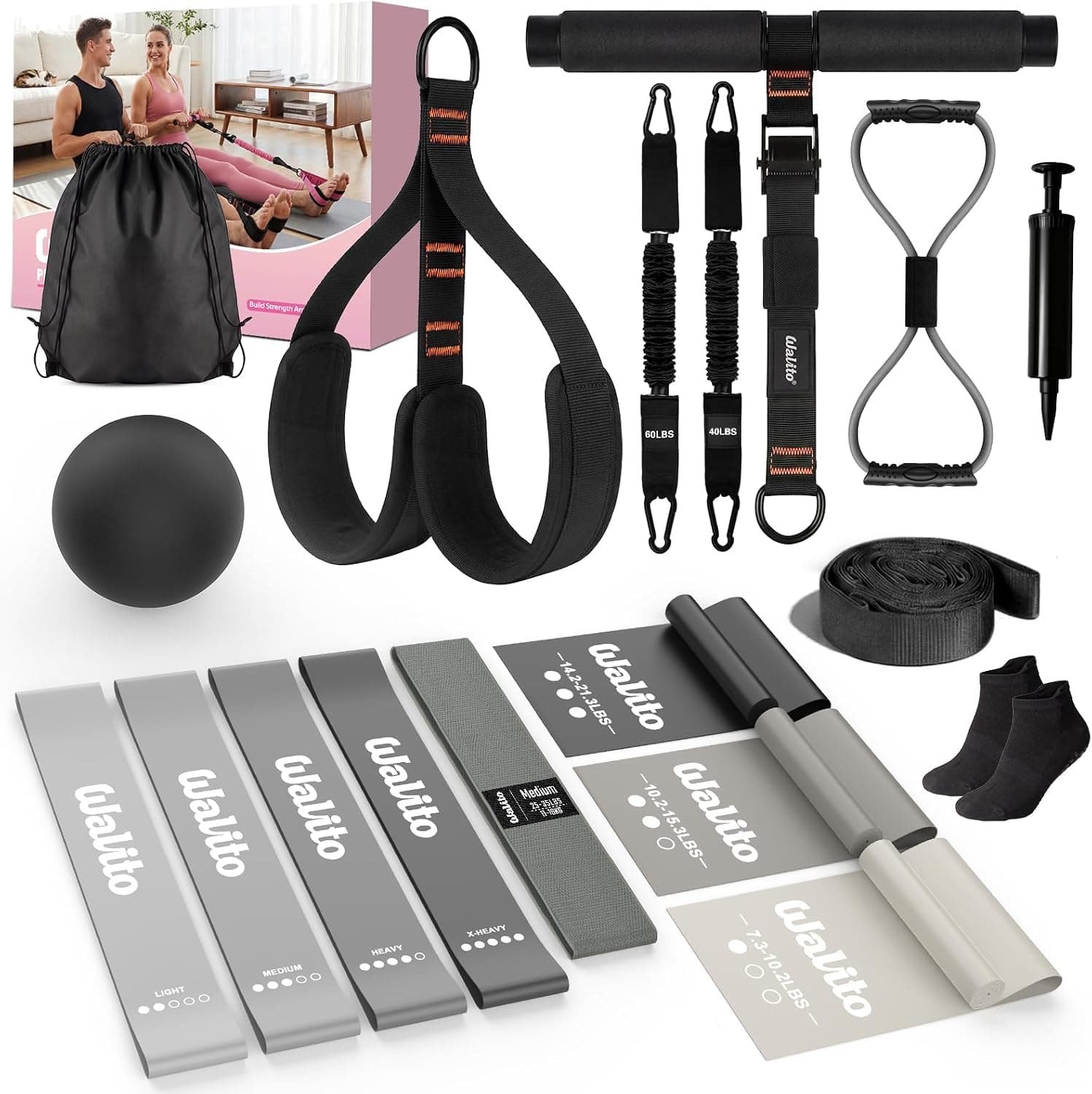 WALITO 15 PCS Pilates Kit, Adjustable Pedal Resistance Band with Handle, Figure 8 Resistance Band for Exercise Women, At Home Workout Equipment Set with Yoga Ball & Booty Bands for Full Body Gym